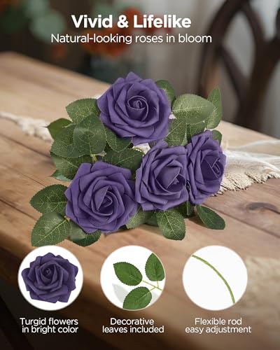 InnoGear Artificial Flowers, 50 Pcs Dusty Purple Foam Fake Roses Bulk with Stems for Decoration DIY Wedding Bouquets Centerpieces Bridal Shower Party Valentines Christmas Tree - Image 2