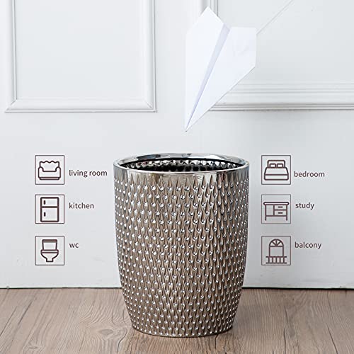 BASDHE Modern Round Silver Small Trash Can Wastebasket, Garbage Container Bin for Bathrooms, Powder Rooms, Kitchens, Home Offices - Durable Ceramics - Round - Image 2