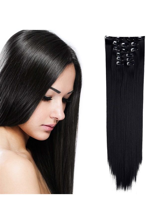 OneDor 24" Straight Synthetic Clip in Hair Extensions. 7 individual pieces for multiple styles.140g (1B-off Black) - Image 1