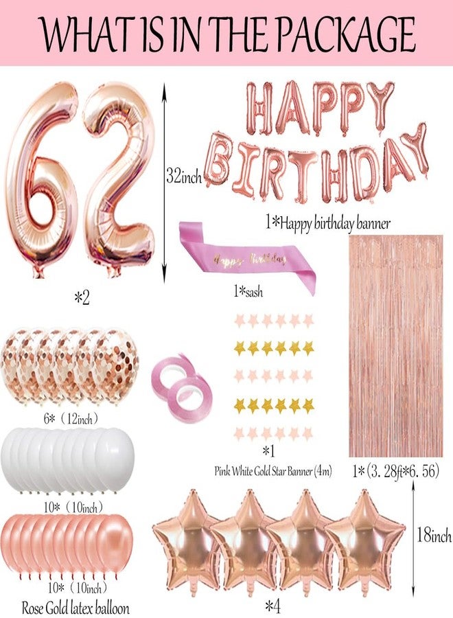 Fancypartyshop 62nd Birthday Decorations - Rose Gold Happy Birthday Banner & Sash with Number 62 Balloons Latex Confetti Balloons for Girl & Women at 62 - Image 2