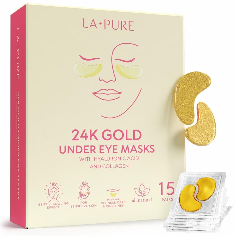 LA PURE 24k Gold Under Eye Mask for Dark Circles and Puffiness, Revitalizing & Non-Irritating Anti Aging Eye Patches with Hyaluronic Acid & Collagen - Dermatologically Tested - 15 Pairs Eye Gel Pads - Image 1