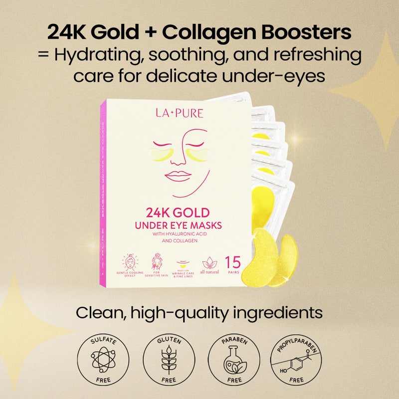 LA PURE 24k Gold Under Eye Mask for Dark Circles and Puffiness, Revitalizing & Non-Irritating Anti Aging Eye Patches with Hyaluronic Acid & Collagen - Dermatologically Tested - 15 Pairs Eye Gel Pads - Image 5