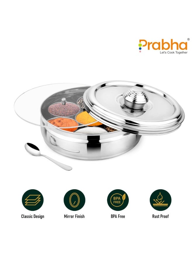 Prabha Stainless Steel Imperial Spice Box, Plain, Stylish Knob with Steel Lid, 7 Spice Container, Elegante Look, Mirror Finish, Best for Home & Kitchen, 1 Year Manufacturer Warranty - Image 2