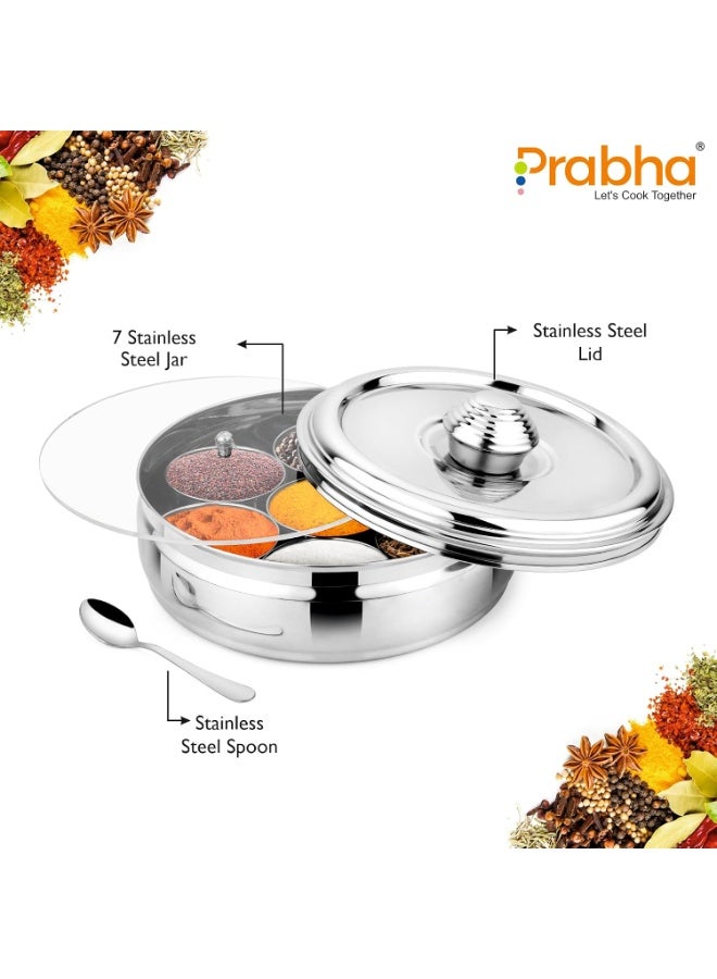 Prabha Stainless Steel Imperial Spice Box, Plain, Stylish Knob with Steel Lid, 7 Spice Container, Elegante Look, Mirror Finish, Best for Home & Kitchen, 1 Year Manufacturer Warranty - Image 4