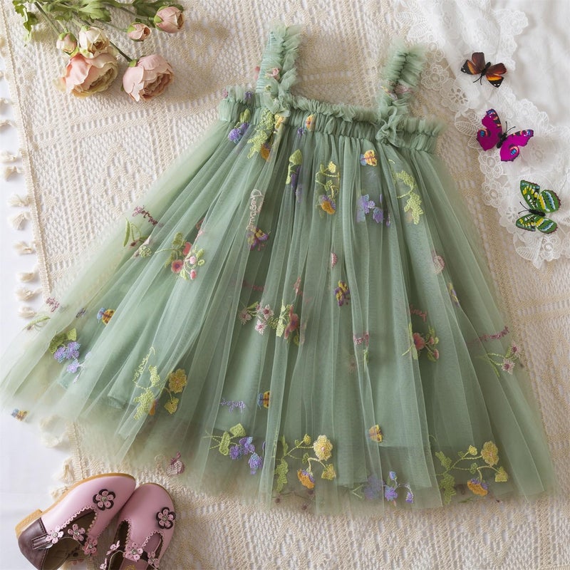 NNJXD Baby Girl Tulle Dress Casual Strap Sleeveless Flower Embroidery Toddler Dresses 2107 Green Size(120) 4-5 Years - Image 2
