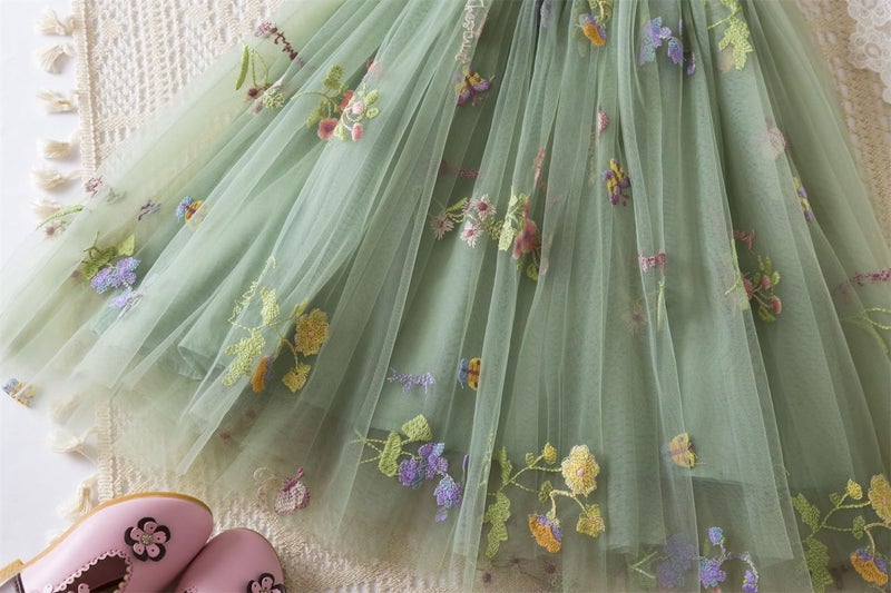 NNJXD Baby Girl Tulle Dress Casual Strap Sleeveless Flower Embroidery Toddler Dresses 2107 Green Size(120) 4-5 Years - Image 3