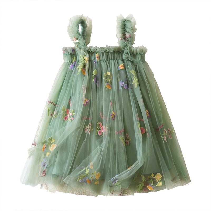 NNJXD Baby Girl Tulle Dress Casual Strap Sleeveless Flower Embroidery Toddler Dresses 2107 Green Size(120) 4-5 Years - Image 1