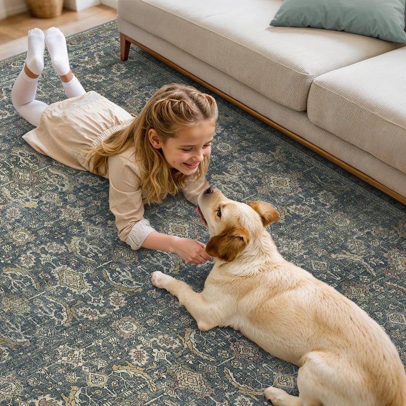 BESBLEE 8X10 Area Rugs Machine Washable Rugs for Living Room, Vintage Boho Large Rugs for Bedroom Dining Room, Non Slip Indoor Soft Distressed Lightweight Thin Low Pile Carpet, Deep - Image 4