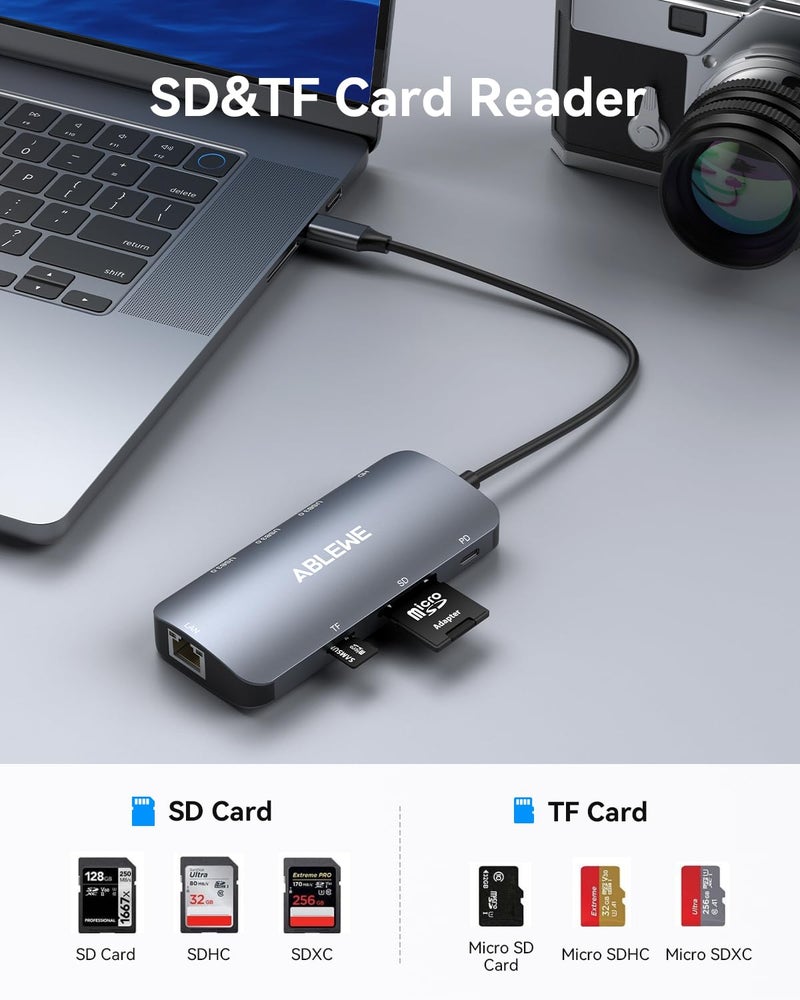 ABLEWE USB C Hub Ethernet, Multiport USB C to HDMI Hub, 8 in 1 4K@60Hz USBC Adapter,1000Mbps, 100W PD, 3 USB 3.0 Ports, Docking Station Compatible for MacBook, Tablet, Phone, Type C Devices - Image 3