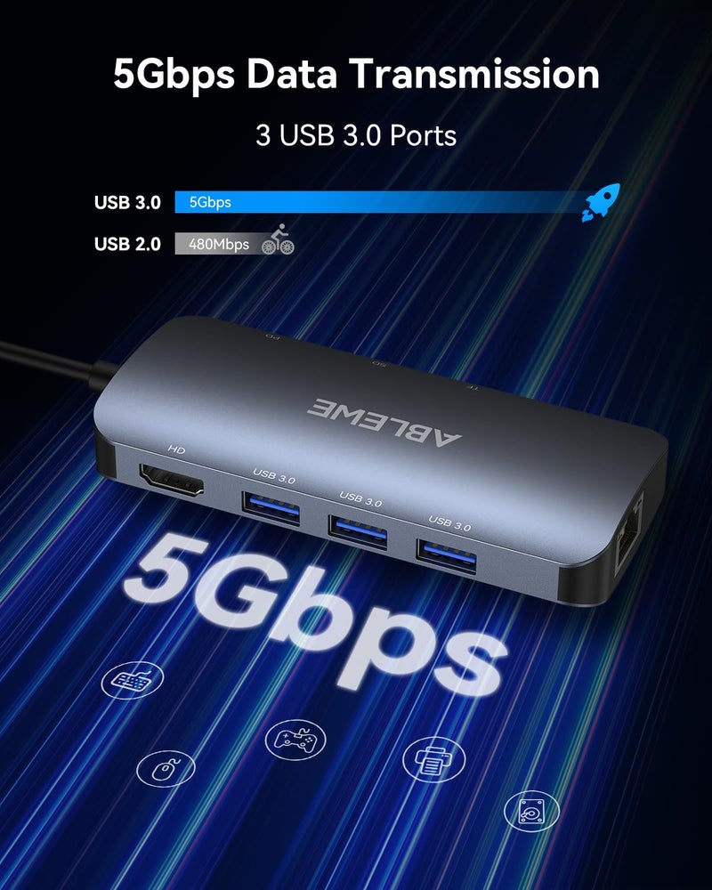 ABLEWE USB C Hub Ethernet, Multiport USB C to HDMI Hub, 8 in 1 4K@60Hz USBC Adapter,1000Mbps, 100W PD, 3 USB 3.0 Ports, Docking Station Compatible for MacBook, Tablet, Phone, Type C Devices - Image 4