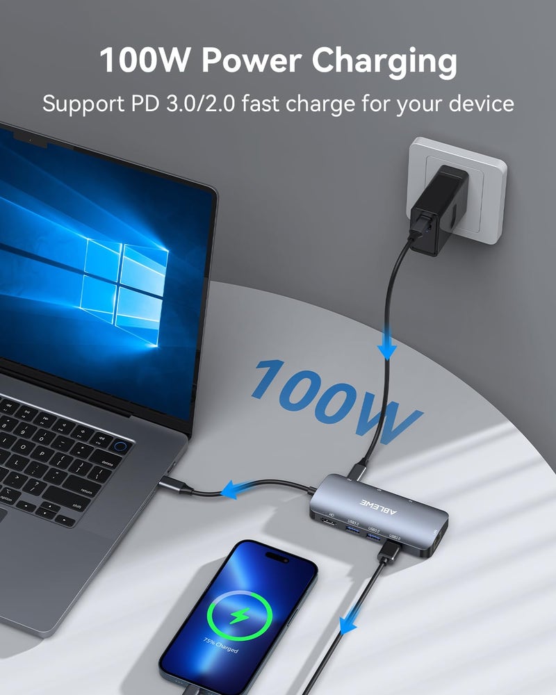 ABLEWE USB C Hub Ethernet, Multiport USB C to HDMI Hub, 8 in 1 4K@60Hz USBC Adapter,1000Mbps, 100W PD, 3 USB 3.0 Ports, Docking Station Compatible for MacBook, Tablet, Phone, Type C Devices - Image 5