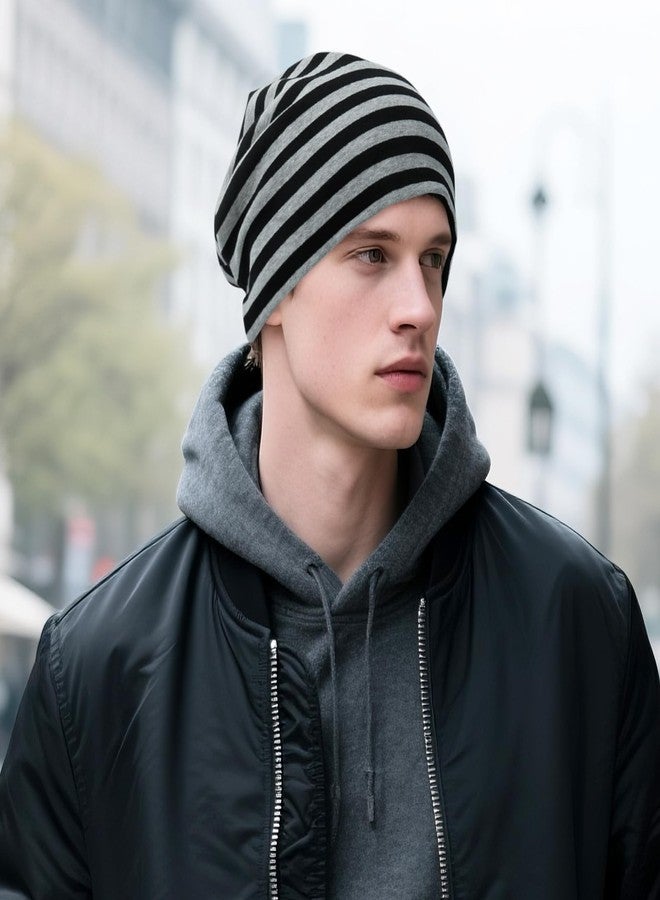 DOCILA Slouchy Beanie Hat Men Cotton Striped Thin Chunky Baggy Skull Cap Stretchy Soft Winter Fall Spring Stocking Hat BlackGrey - Image 2