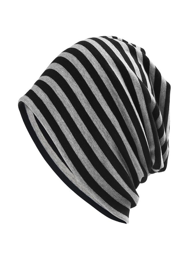 DOCILA Slouchy Beanie Hat Men Cotton Striped Thin Chunky Baggy Skull Cap Stretchy Soft Winter Fall Spring Stocking Hat BlackGrey - Image 1