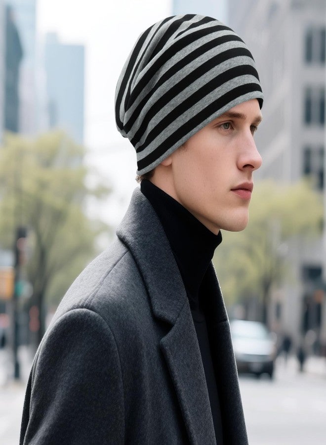 DOCILA Slouchy Beanie Hat Men Cotton Striped Thin Chunky Baggy Skull Cap Stretchy Soft Winter Fall Spring Stocking Hat BlackGrey - Image 3
