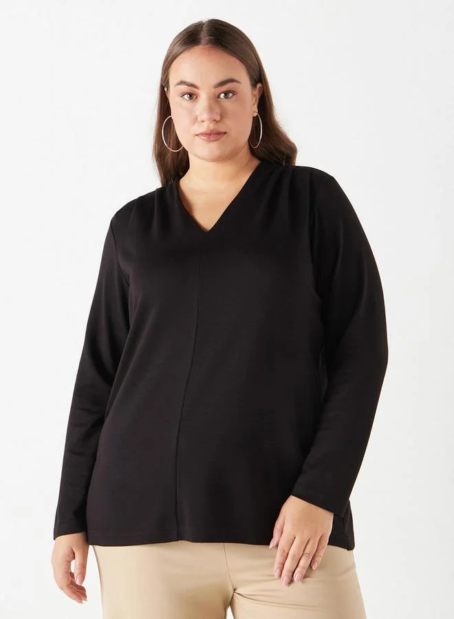 Ulla Popken Plus Size Ulla Popken V-neck Top with Long Sleeves