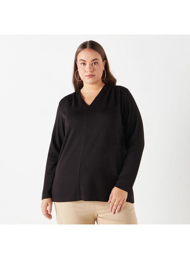 Ulla Popken Plus Size Ulla Popken V-neck Top with Long Sleeves  - Image 1