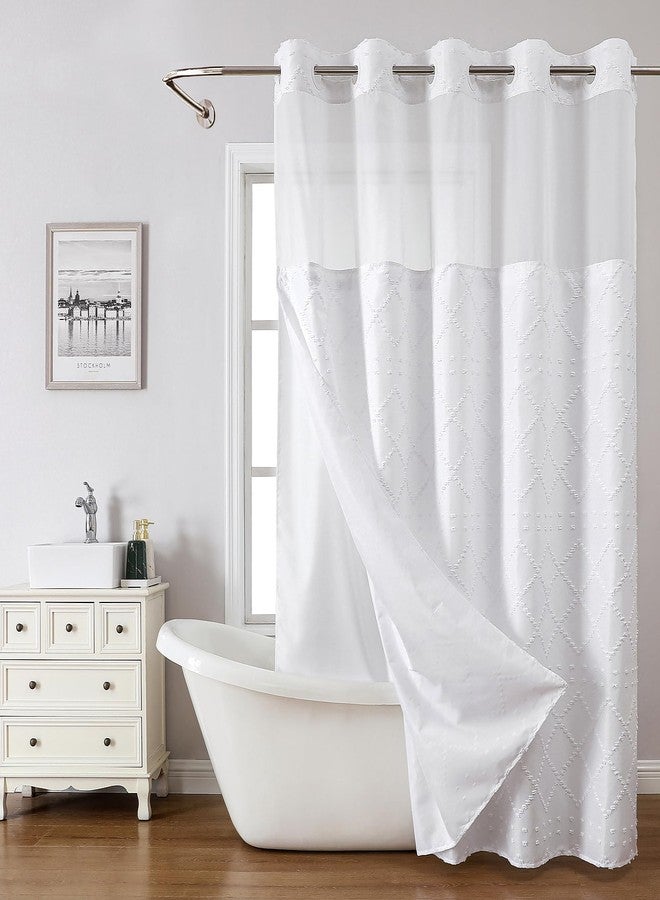 eachope White No Hook Shower Curtain with Fabric snap in Liner Set, Boho Tufted Chevron Striped Shabby Chic Textured Shower Curtain with a mash Top Window, Hotel Decor, 71" W x 74" L - Image 1