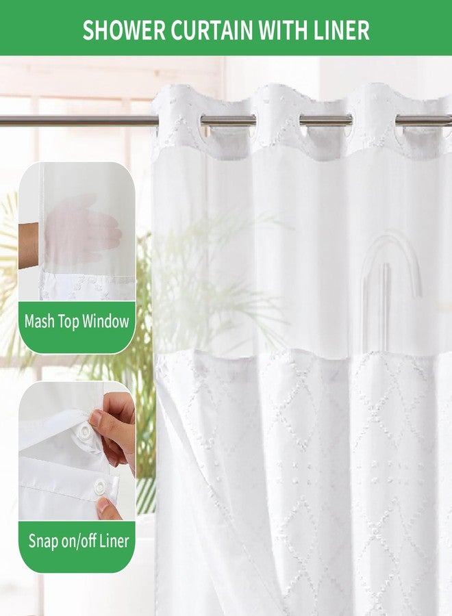 eachope White No Hook Shower Curtain with Fabric snap in Liner Set, Boho Tufted Chevron Striped Shabby Chic Textured Shower Curtain with a mash Top Window, Hotel Decor, 71" W x 74" L - Image 4