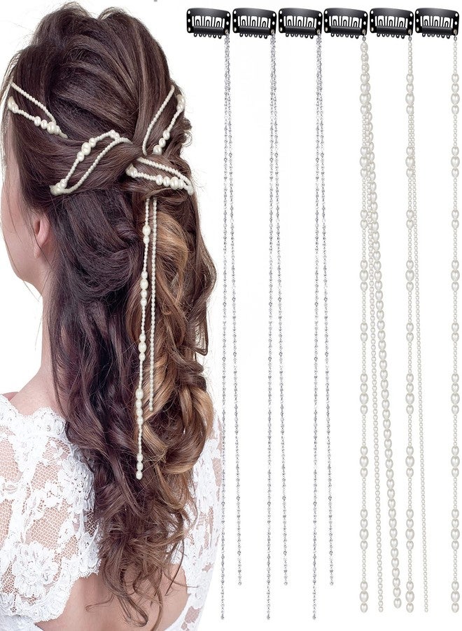 RECTYO GALLERY 6 Pcs Premium Rhinestone Hair Chains for Women Pearl Charm Rhinestone Hair Jewelry Accessories Crystal Extensions Clips Silver Gold Pins for Braids(Mixed Pearls) - Image 1