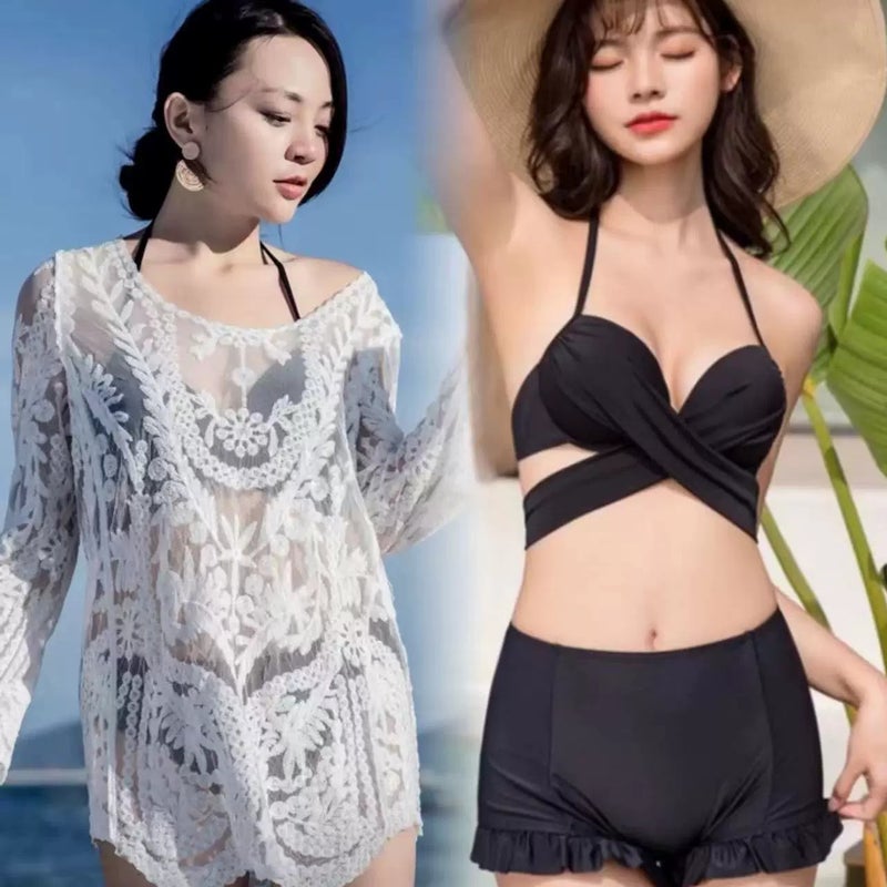New three-piece bikini blouse, seaside vacation, hot spring swimsuit, women's belly covering, slimming, sunscreen mesh outer wear - Image 3