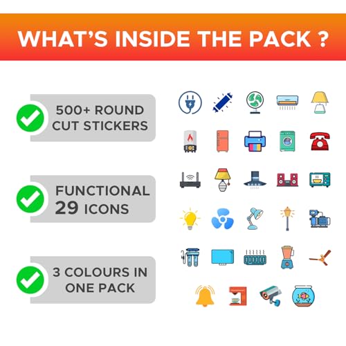 CodersParadise 500+ Switchboard Self-Adhesive Stickers | 3 Colors in 1 Pack, Transparent Round Stickers for Fans, Lights & 27 Appliances – Perfect for Home, Office, Hotels & Cafes - Image 3