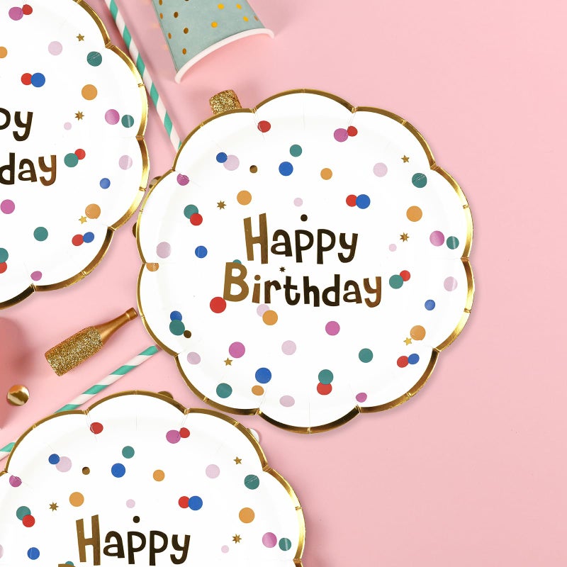 PUEVENYI 50PCS Happy Birthday Paper Plates - White and Gold Scalloped Plates 7Inch Dessert Plate for Cake Salad Pizza,Disposable Decoration Supplies for Birthday Party - Image 4