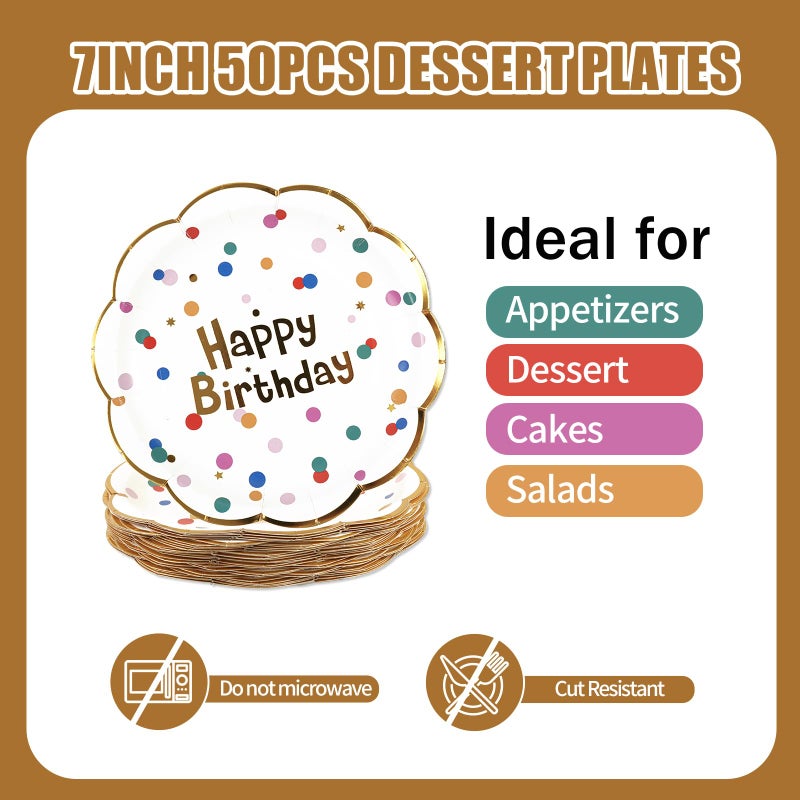 PUEVENYI 50PCS Happy Birthday Paper Plates - White and Gold Scalloped Plates 7Inch Dessert Plate for Cake Salad Pizza,Disposable Decoration Supplies for Birthday Party - Image 3