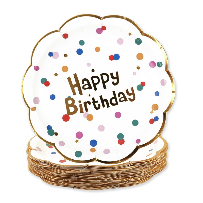 PUEVENYI 50PCS Happy Birthday Paper Plates - White and Gold Scalloped Plates 7Inch Dessert Plate for Cake Salad Pizza,Disposable Decoration Supplies for Birthday Party - Image 1