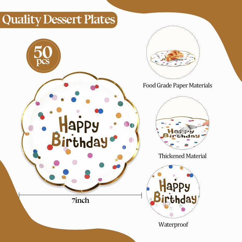 PUEVENYI 50PCS Happy Birthday Paper Plates - White and Gold Scalloped Plates 7Inch Dessert Plate for Cake Salad Pizza,Disposable Decoration Supplies for Birthday Party - Image 2