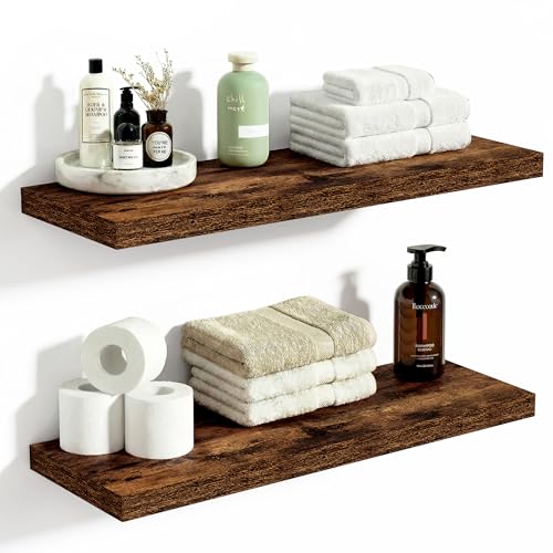 Vivelove 10 Inch Deep Floating Shelves 24 inch Long, 24 x 10 Wide Wall Shelves with Invisible Brackets, for Bedroom Bathroom Living Room Kitchen Office, Farmhouse Home Decor, Set of 2, Rustic Brown - Image 1