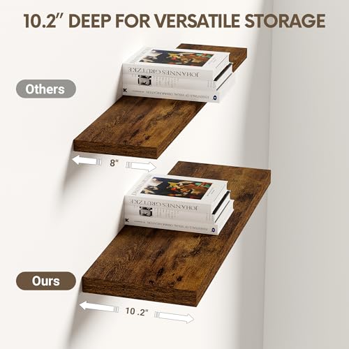 Vivelove 10 Inch Deep Floating Shelves 24 inch Long, 24 x 10 Wide Wall Shelves with Invisible Brackets, for Bedroom Bathroom Living Room Kitchen Office, Farmhouse Home Decor, Set of 2, Rustic Brown - Image 4
