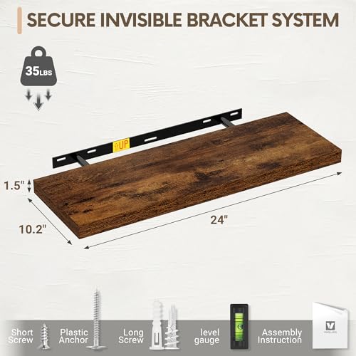 Vivelove 10 Inch Deep Floating Shelves 24 inch Long, 24 x 10 Wide Wall Shelves with Invisible Brackets, for Bedroom Bathroom Living Room Kitchen Office, Farmhouse Home Decor, Set of 2, Rustic Brown - Image 2