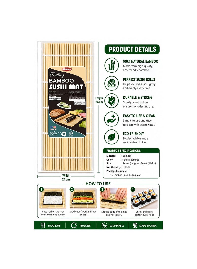 Flavoma Bamboo Sushi Rolling Mat (24cm*24cm) + 2 Pair Wooden Chopsticks 24cm (Based Japanese Sushi Rolling/Korean Kimbap Making Mat, Ideal Use in Homes, Cafes, Hotels and Restaurants) - Image 4
