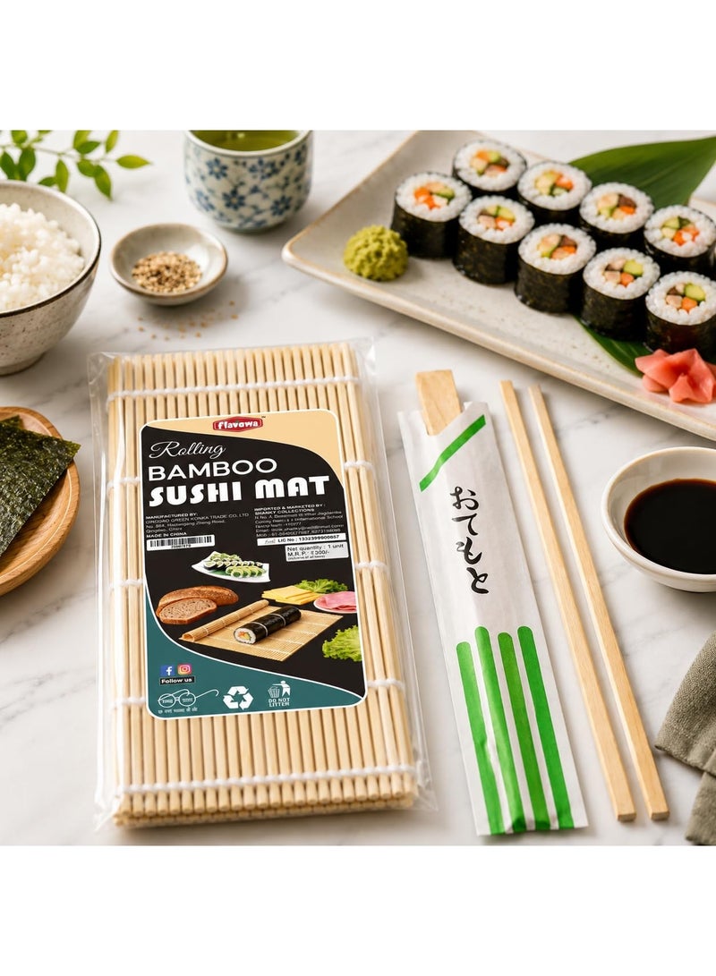 Flavoma Bamboo Sushi Rolling Mat (24cm*24cm) + 2 Pair Wooden Chopsticks 24cm (Based Japanese Sushi Rolling/Korean Kimbap Making Mat, Ideal Use in Homes, Cafes, Hotels and Restaurants) - Image 3