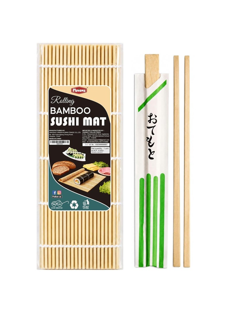 Flavoma Bamboo Sushi Rolling Mat (24cm*24cm) + 2 Pair Wooden Chopsticks 24cm (Based Japanese Sushi Rolling/Korean Kimbap Making Mat, Ideal Use in Homes, Cafes, Hotels and Restaurants) - Image 1
