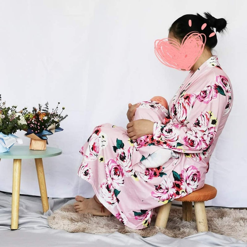 SUFEINI Maternity Robes and Matching Swaddle Blanket Set, Women Mommy Postpartum Robe Hospital Labor and Delivery Gown - Image 4