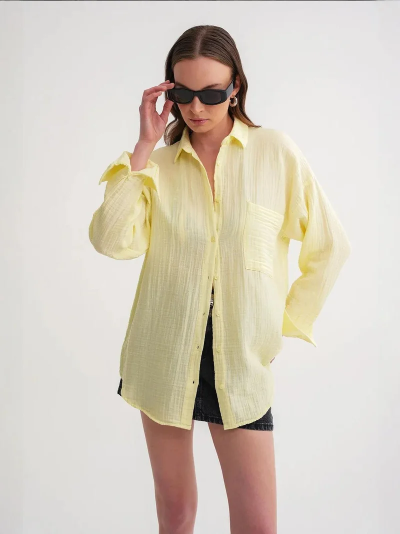 MixRay Amber Yellow Mixray Oversize Shirt with Pocket Detail for Women | Best Price UAE