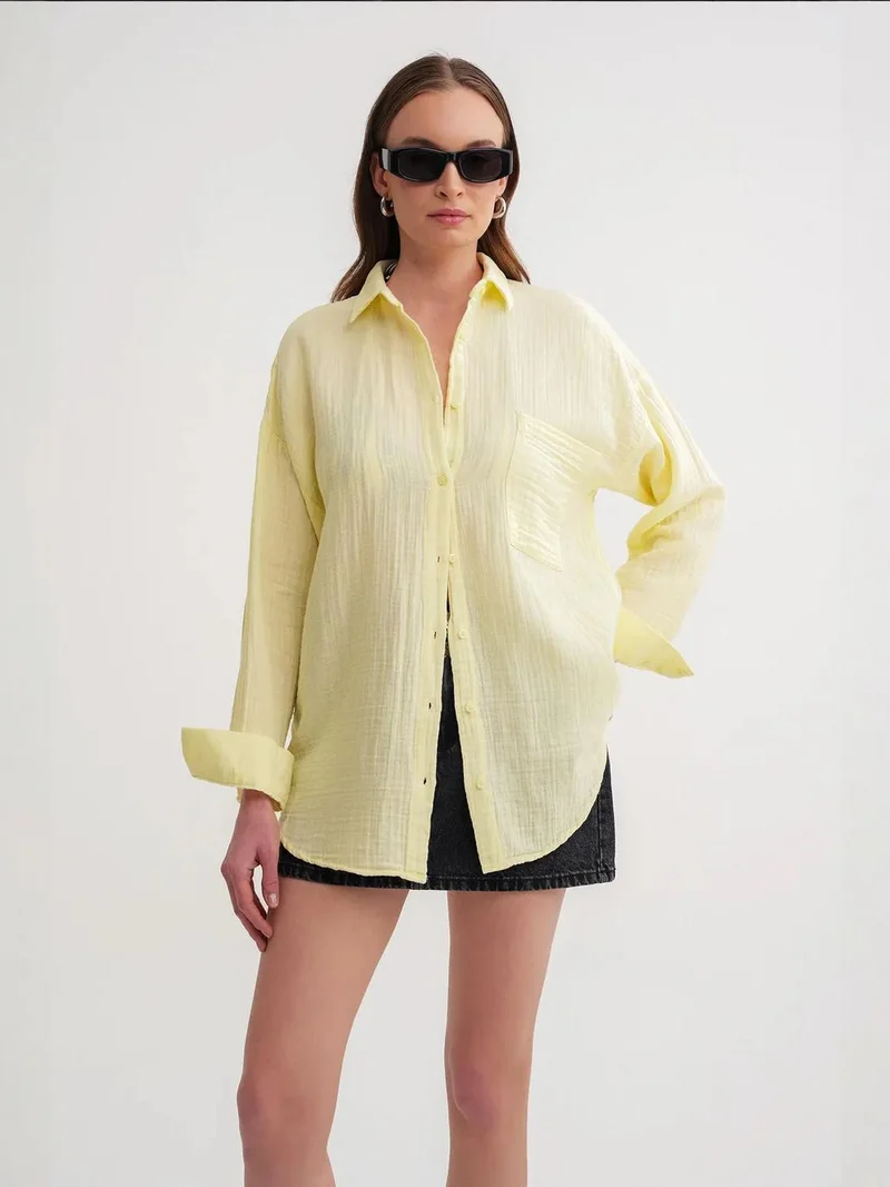 MixRay Amber Yellow Mixray Oversize Shirt with Pocket Detail for Women | Best Price UAE