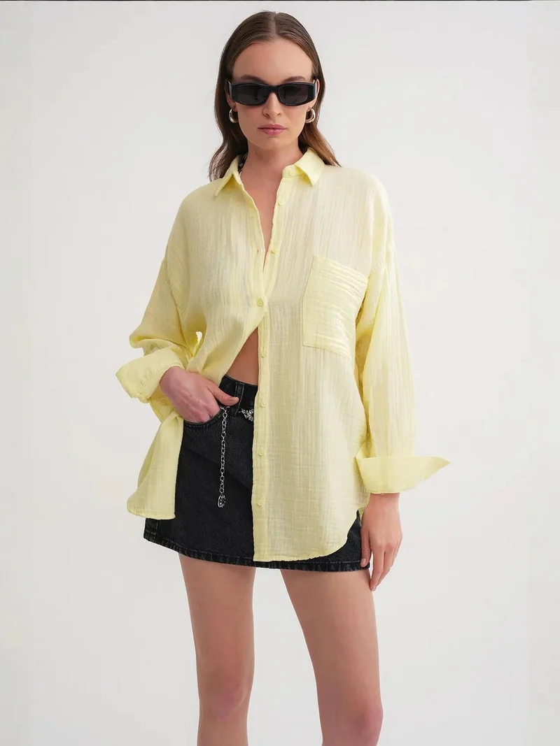 MixRay Amber Yellow Mixray Oversize Shirt with Pocket Detail for Women | Best Price UAE