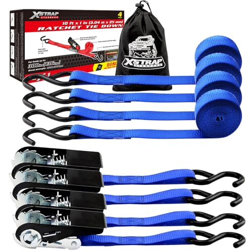 XSTRAP STANDARD Ratchet Tie Down Straps 4 Pk 10 Ft- 300 Lbs Load Cap- 900 Lbs Break Strength-Cargo Straps for UTV, ATV, Pickup,Truck, Moving Appliances, Lawn Equipment, Blue - Image 1