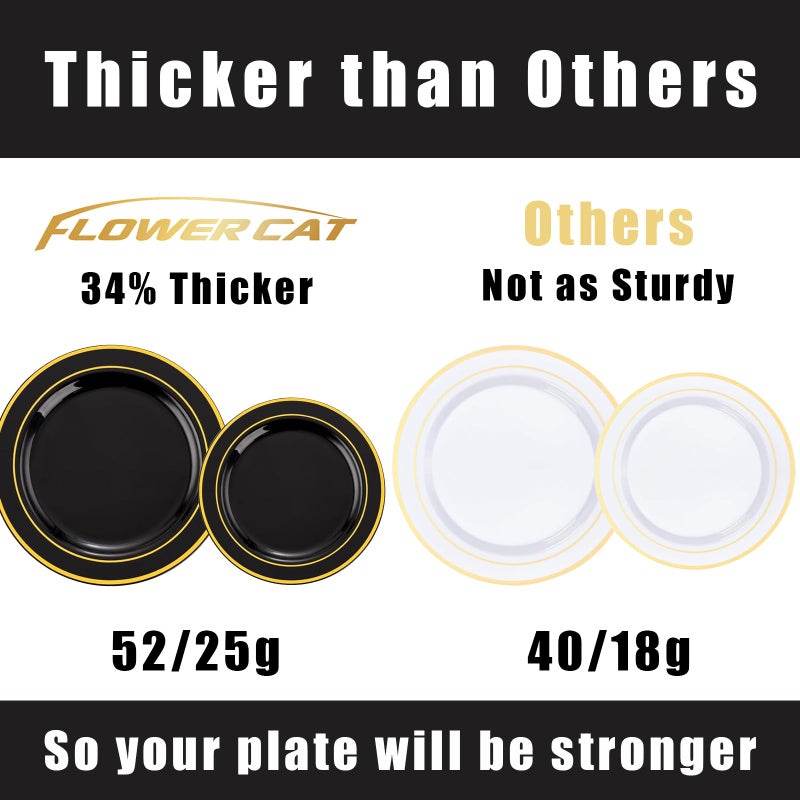 FLOWERCAT 100PCS Black and Gold Plates - Heavy Duty Black Plates Disposable for Party/Father's Day/Halloween - Include 50PCS 10.25inch Black Dinner Plates - 50PCS 7.5inch Black Dessert Plates - Image 2