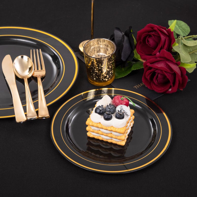 FLOWERCAT 100PCS Black and Gold Plates - Heavy Duty Black Plates Disposable for Party/Father's Day/Halloween - Include 50PCS 10.25inch Black Dinner Plates - 50PCS 7.5inch Black Dessert Plates - Image 3