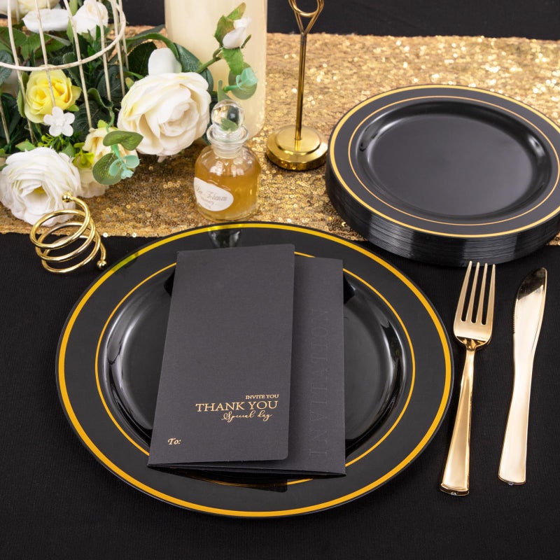 FLOWERCAT 100PCS Black and Gold Plates - Heavy Duty Black Plates Disposable for Party/Father's Day/Halloween - Include 50PCS 10.25inch Black Dinner Plates - 50PCS 7.5inch Black Dessert Plates - Image 5