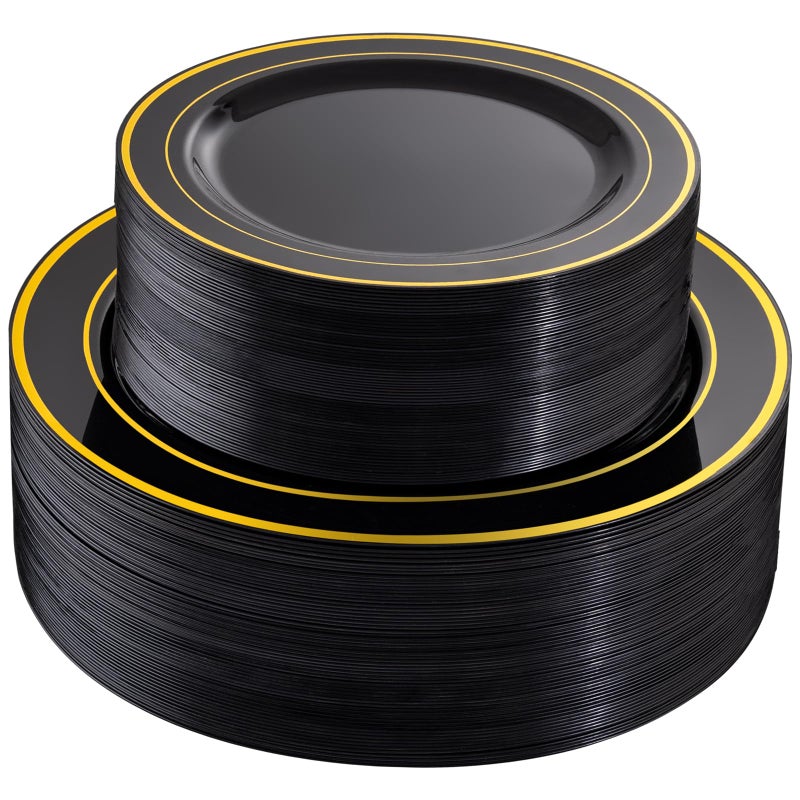 FLOWERCAT 100PCS Black and Gold Plates - Heavy Duty Black Plates Disposable for Party/Father's Day/Halloween - Include 50PCS 10.25inch Black Dinner Plates - 50PCS 7.5inch Black Dessert Plates - Image 1