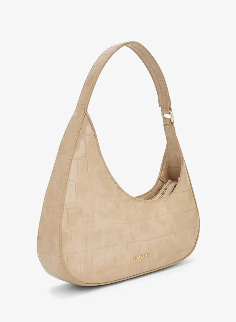 Flora Bella By Shoexpress Beige Textured Shoulder Bag With Zip Closure for Women | Best Price UAE