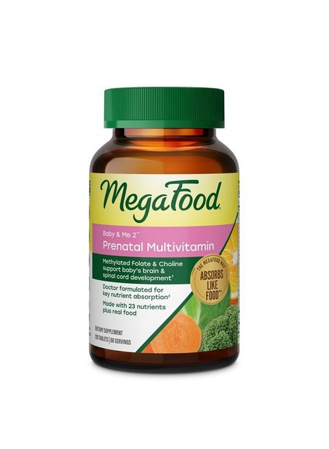 MegaFood Baby & Me 2 Prenatal Vitamins, Doctor Formulated, 120 Tablets,Prenatal Vitamins for Women with Methylfolate, Choline, Iron, Iodine, Vitamin C & D3, Non-GMO, Vegetarian, 60 Servings - Image 1