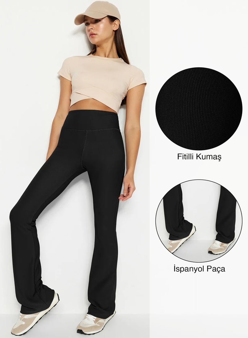 trendyol Black Ribbed Spanish Leg Yoga Knitted Sports Tights TWOAW23TY00011 - Image 1