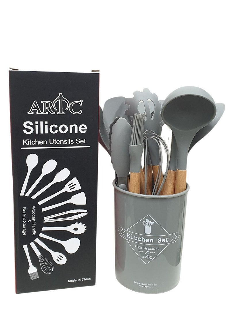 ARTC 12 Pieces Heat Resistant Non-Stick Silicone Cooking Utensil Set Light Grey  - Image 1