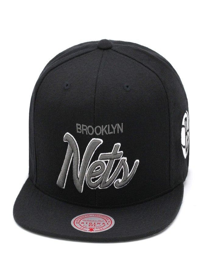 Mitchell & Ness Brooklyn Nets Snapback Hat for Men - Black/Dark Grey Script - NBA Basketball Cap for Men - Image 1