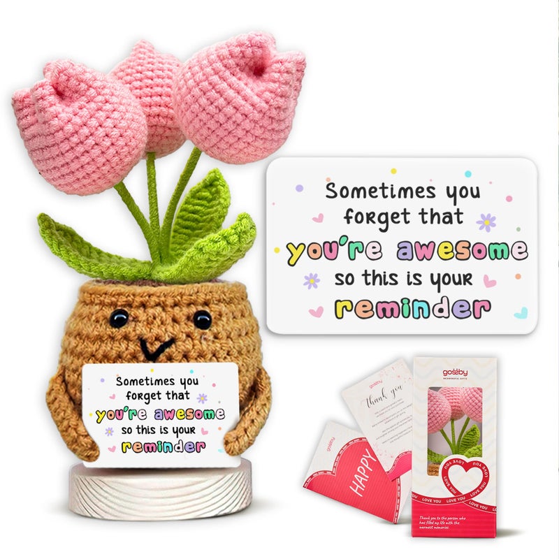 Gossby Handmade Positive Tulip Flower Crochet Sometimes You Forget Youre Awesome Inspirational Gift for Women Birthday Appreciation Positive Gift for Teacher Mom Friend Coworker - Image 2